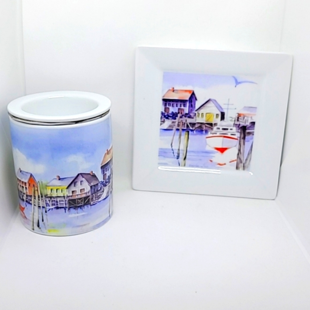 Set Gourmet Village Dip Warmer Dish & Plate New
